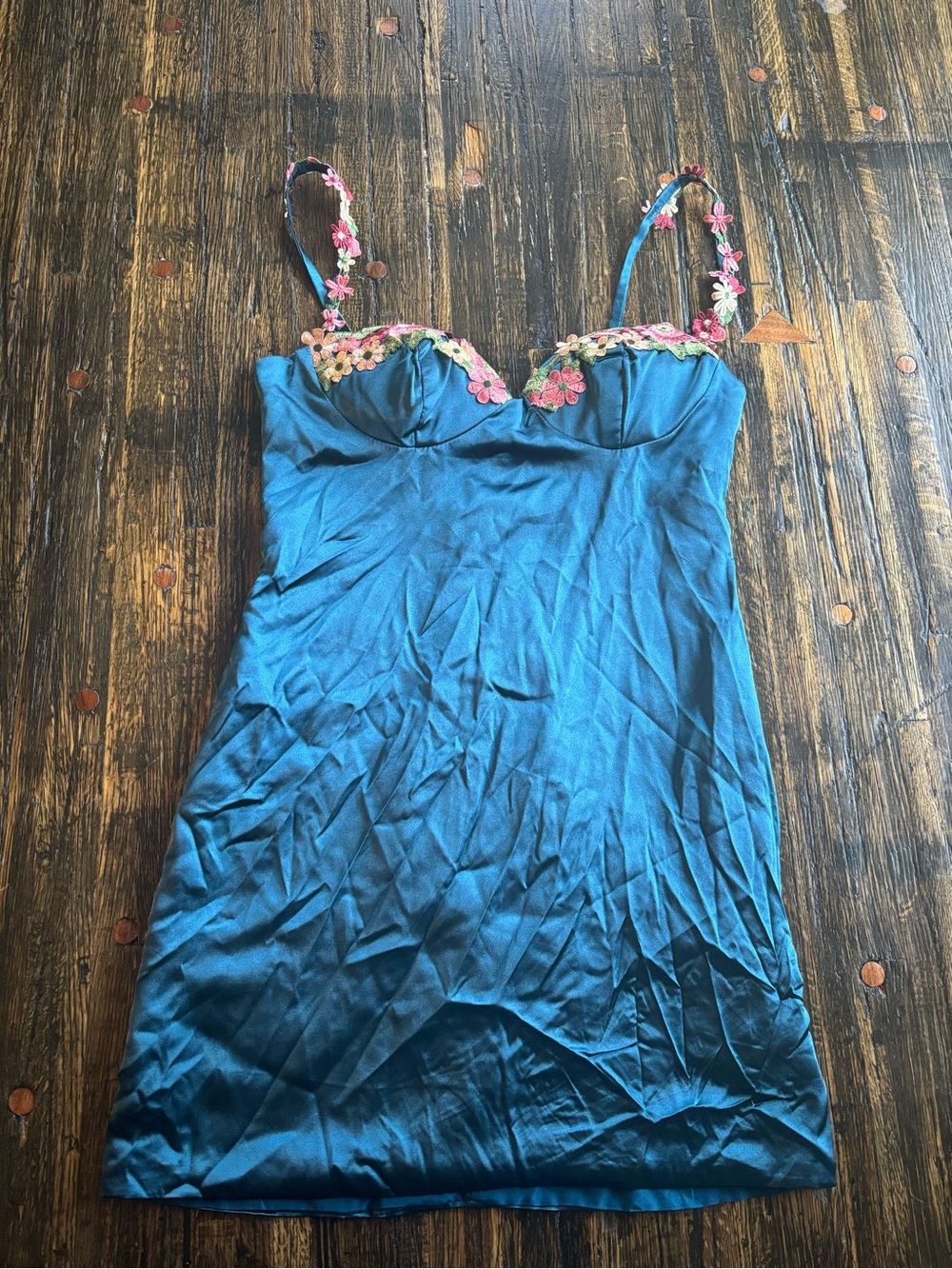 Blue Satin Floral-Trim Slip Dress